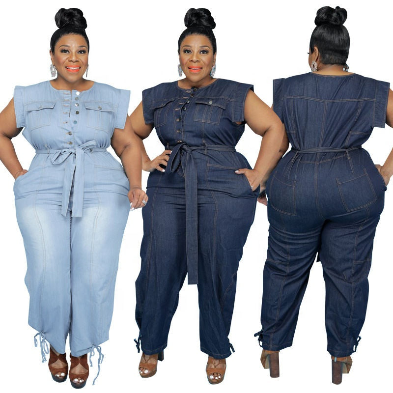 Plus size jean outfits for women front button romper denim overalls