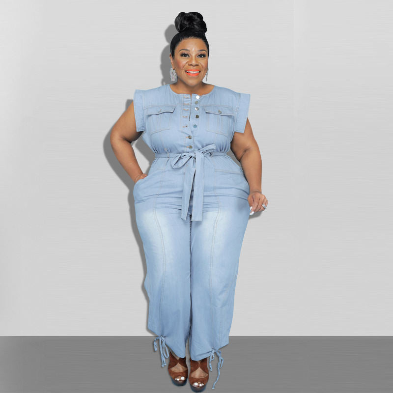 Plus size jean outfits for women front button romper denim overalls