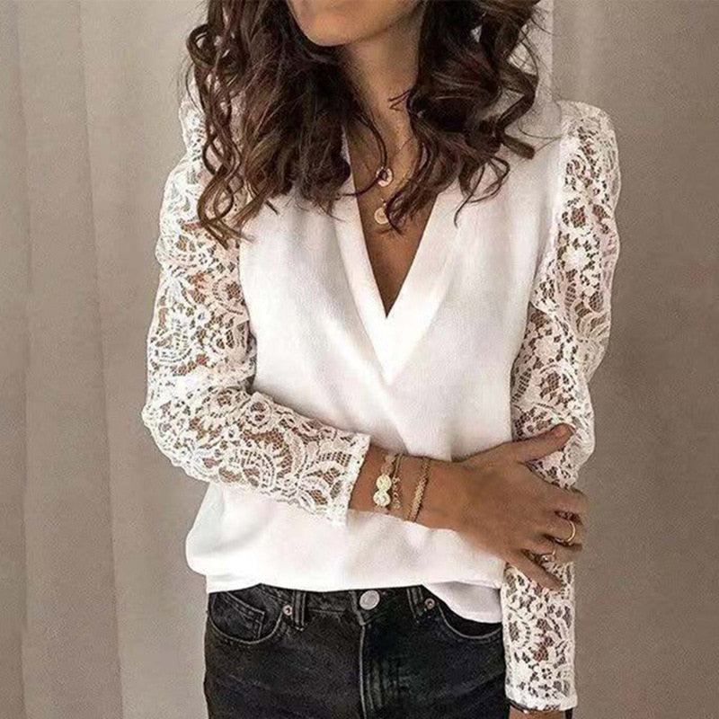 Women V-neck Lace Hollow Out Blouse Patchwork Long Sleeve