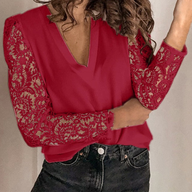 Women V-neck Lace Hollow Out Blouse Patchwork Long Sleeve